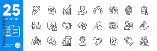 Outline icons set. Painter, Consulting business and Customer satisfaction icons. Employee, Identification card, Inspect web elements. Insurance hand, Puzzle, Lungs signs. World mail. Vector