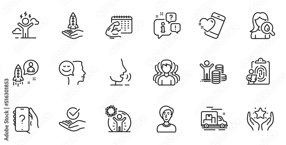Outline set of Startup, Group and Crowdfunding line icons for web application. Talk, information, delivery truck outline icon. Include Approved, Heart, Good mood icons. Vector
