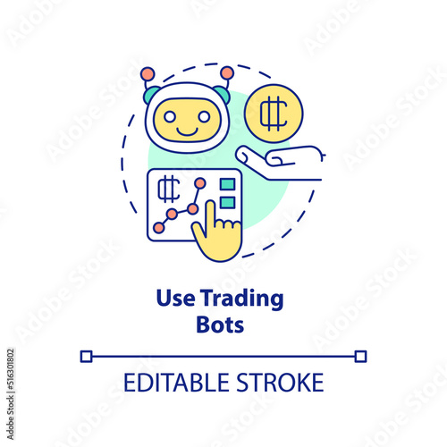 Use trading bots concept icon. Work with multiple platforms. Cryptocurrency tip abstract idea thin line illustration. Isolated outline drawing. Editable stroke. Arial, Myriad Pro-Bold fonts used