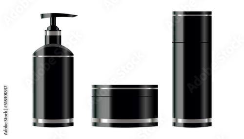 Set of black cosmetic products, mock up Set, black color cosmetic products on white background. Blank black bottles, Squeeze tubes and containers. Vector mockup