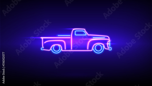 Classic pickup truck neon sign. led glowing car silhouette, wall branding. Vintage truck, old classic cars. Neon silhouette in side view on dark wall background. Carbon body. Banner, ad design. Vector