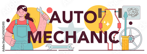 Auto mechanic typographic header. Mechanic in uniform check