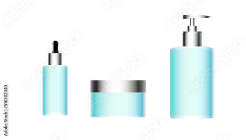 Set of blue cosmetic products, mock up Set, blue color cosmetic products on white background. Blank blue bottles, Squeeze tubes and containers. Vector mockup.