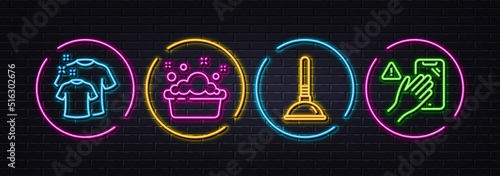 Hand washing, Clean t-shirt and Plunger minimal line icons. Neon laser 3d lights. Dont touch icons. For web, application, printing. Laundry basin, Laundry shirt, Clogged pipes cleaner. Vector