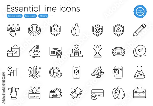 Winner, Hold t-shirt and Thermometer line icons. Collection of First aid, Shield, Multitasking gesture icons. Strong arm, Confirmed, Loan percent web elements. 5g phone, Payment methods. Vector