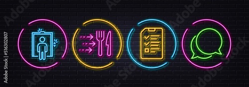 Food delivery, Interview and Elevator minimal line icons. Neon laser 3d lights. Chat message icons. For web, application, printing. Fork and knife, Checklist file, Lift. Speech bubble. Vector