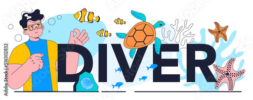 Diver typographic header. Scuba divers swimming with aqualungs
