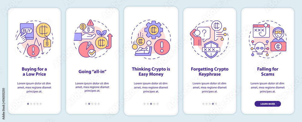 Common crypto mistakes onboarding mobile app screen. Beginner fails walkthrough 5 steps editable graphic instructions with linear concepts. UI, UX, GUI template. Myriad Pro-Bold, Regular fonts used