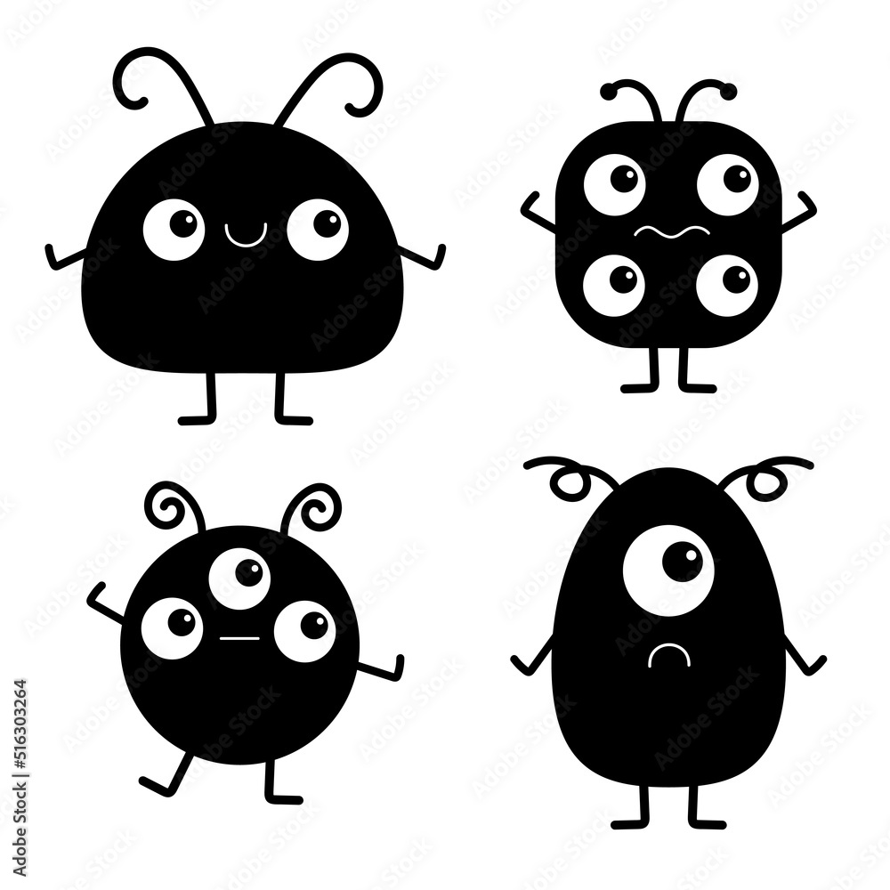 Fototapeta premium Happy Halloween. Cute monster icon set. Kawaii cartoon funny baby character. Sticker print template. Black silhouette. Eyes, horn, fang teeth tongue. Flat design. White background.
