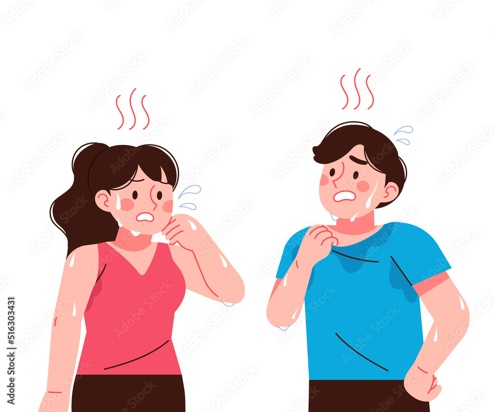 Hot summer sweaty woman and man. Heat concept figures vector illustration. Hot summer sweaty woman and man. Heat concept figures vector illustration.