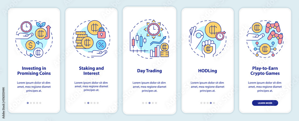 Making money on cryptocurrency onboarding mobile app screen. Profit walkthrough 5 steps editable graphic instructions with linear concepts. UI, UX, GUI template. Myriad Pro-Bold, Regular fonts used
