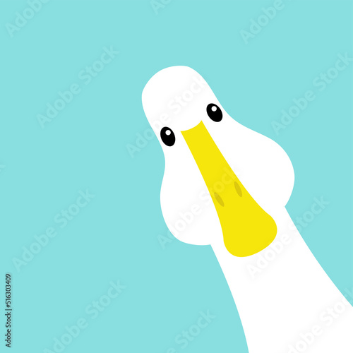 Goose Duck face head. Looking from the corner. Cute cartoon kawaii funny baby character. Flat design. Greeting card banner template. Isolated. Blue background.