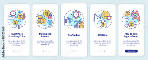 Making money on cryptocurrency onboarding mobile app screen. Profit walkthrough 5 steps editable graphic instructions with linear concepts. UI, UX, GUI template. Myriad Pro-Bold, Regular fonts used © bsd studio