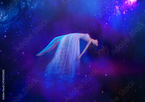 portrait fantasy woman sleeping beauty soars floats in dream, night starry dark sky. Girl flies in space art photo levitation white dress flutters. Galaxies astrology numerology zodiac sign concept