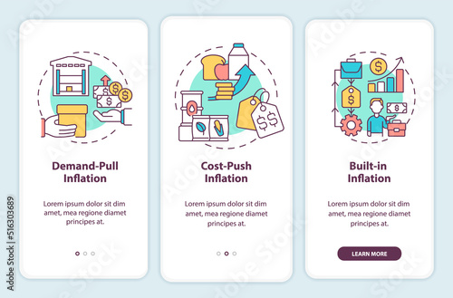 Inflation types onboarding mobile app screen. Increasing prices walkthrough 3 steps editable graphic instructions with linear concepts. UI, UX, GUI template. Myriad Pro-Bold, Regular fonts used
