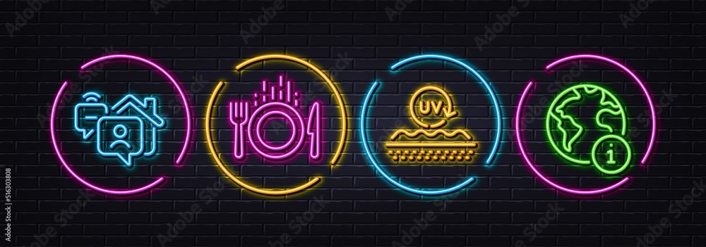 Food, Uv protection and Work home minimal line icons. Neon laser 3d lights. Internet icons. For web, application, printing. Cutlery, Skin cream, Freelance work. Web info. Neon lights buttons. Vector