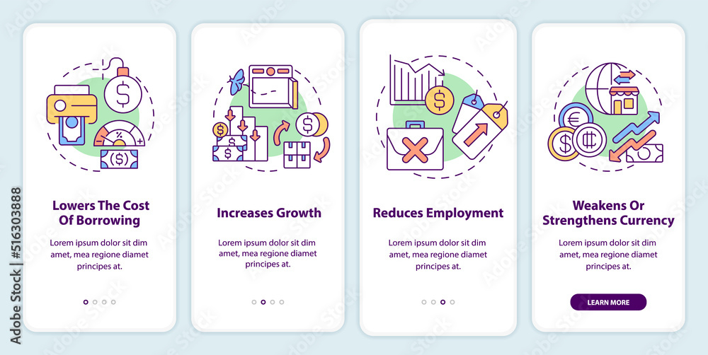 Negative effects of inflation onboarding mobile app screen. Walkthrough 4 steps editable graphic instructions with linear concepts. UI, UX, GUI template. Myriad Pro-Bold, Regular fonts used