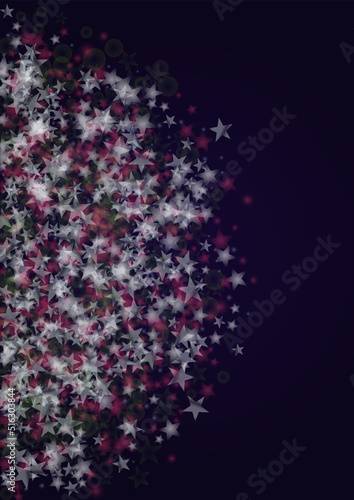 Vector Magical Glowing Background with Silver and Purple Falling Stars on Black. Sparkle Star Night Design. Glittery Confetti Frame. Bokeh Light. 