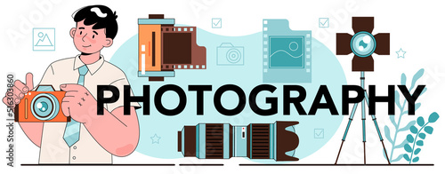 Photography typographic header. Students lerning to take photos