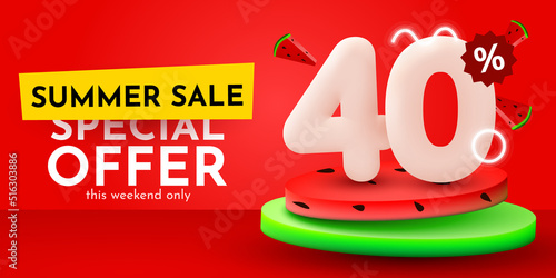 40 percent Off. Discount creative composition. Summer sale banner with watermelon. Sale banner and poster.