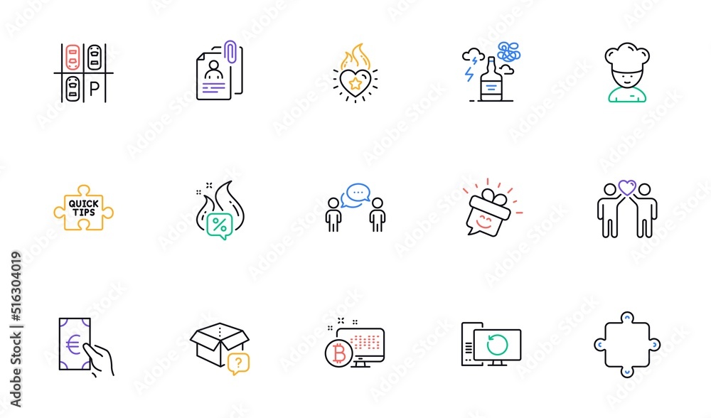 Friends couple, Recovery computer and Alcohol addiction line icons for website, printing. Collection of Finance, Cooking chef, Consulting business icons. Bitcoin system, Heart flame. Vector