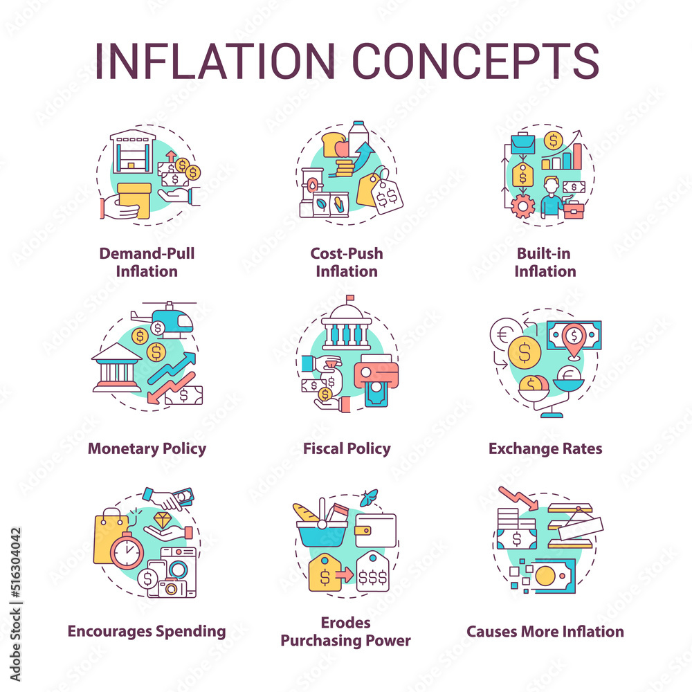 Inflation concept icons set. Types and causes. Increasing prices. Purchasing power idea thin line color illustrations. Isolated symbols. Editable stroke. Roboto-Medium, Myriad Pro-Bold fonts used
