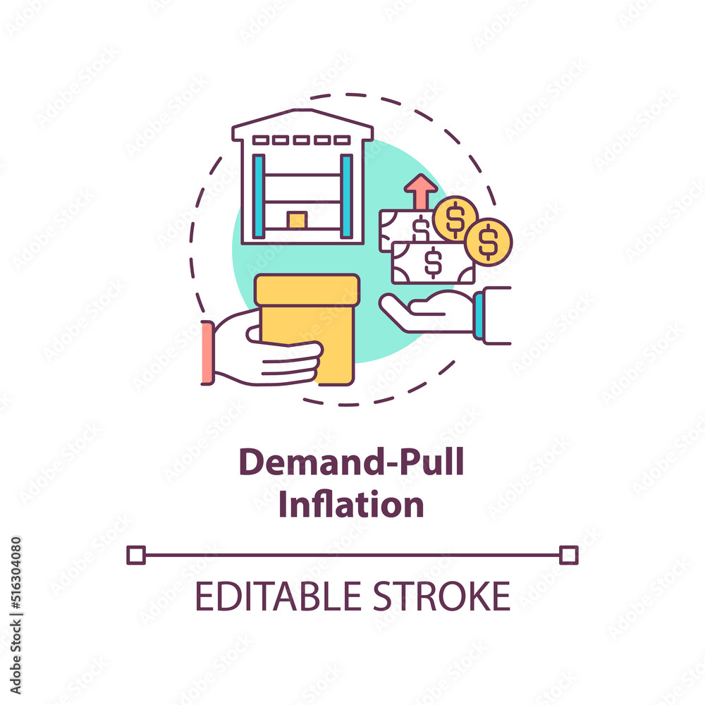 Demand pull inflation concept icon. Demand excess supply. Inflation type abstract idea thin line illustration. Isolated outline drawing. Editable stroke. Arial, Myriad Pro-Bold fonts used