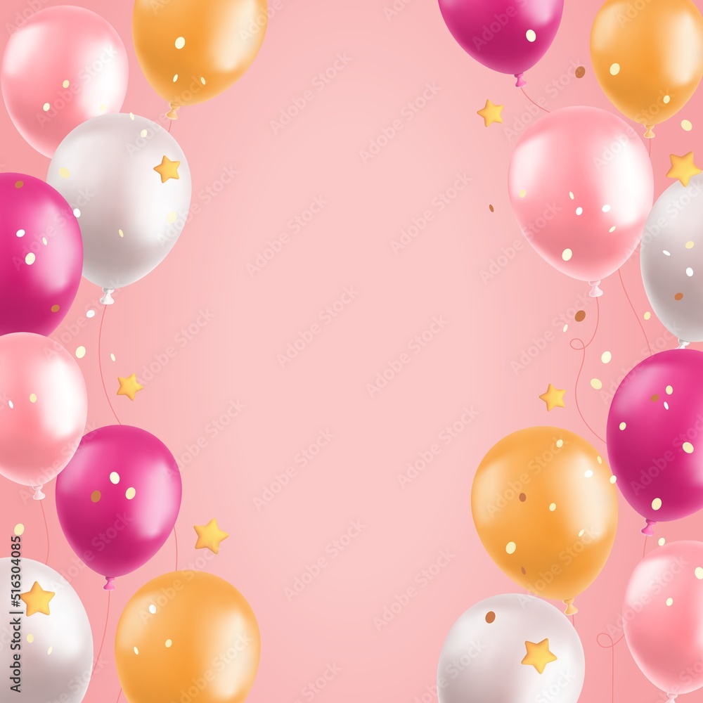 3d balloons background, realistic pink and yellow air balloons, stars and confetti on pink background. Greeting card or banner festive concept. Vector illustration