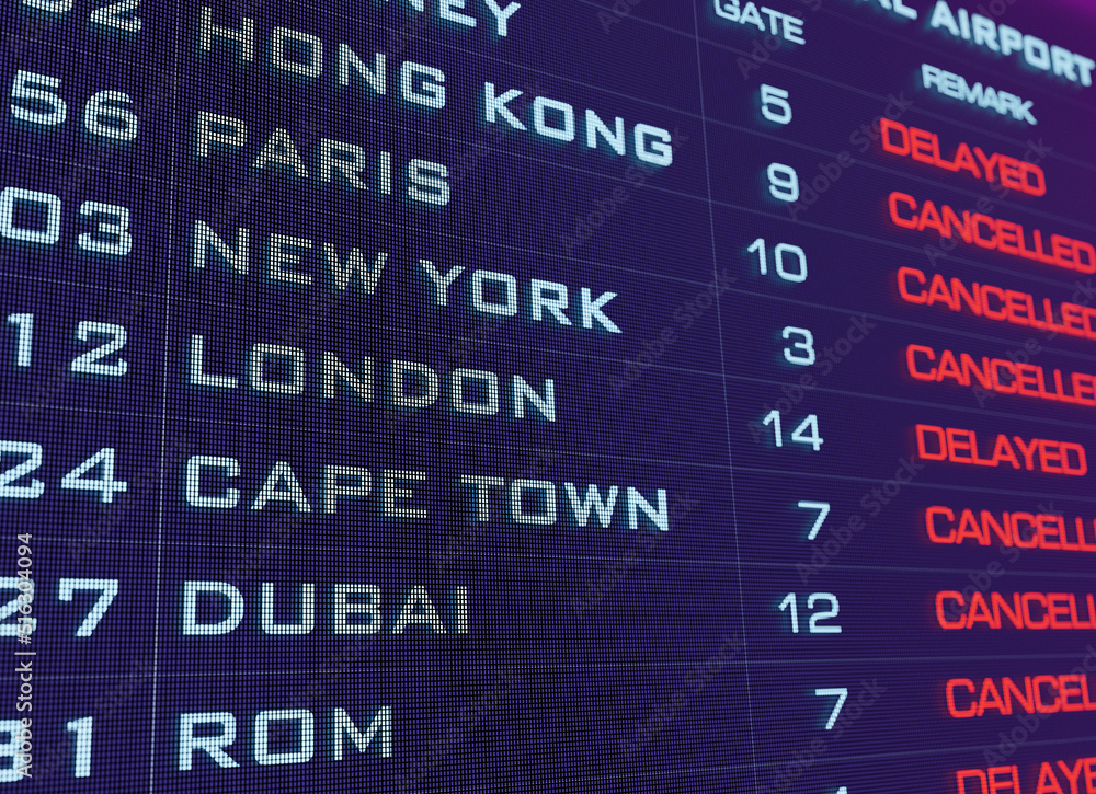 Airport flight time table. Monitor with flight data. Flights are cancelled or delayed. International airport, tourism and travel concept. 3D illustration Airport flight time table. Monitor with flight data. Flights are cancelled or delayed. International airport, tourism and travel concept. 3D illustration