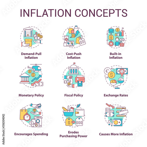 Inflation concept icons set. Types and causes. Increasing prices. Purchasing power idea thin line color illustrations. Isolated symbols. Editable stroke. Roboto-Medium, Myriad Pro-Bold fonts used © bsd studio