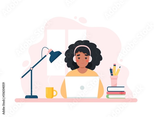 Black woman working with computer, home office, student or freelancer. Customer service, call center and support. Cute concept vector illustration in flat style