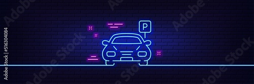 Neon light glow effect. Car parking line icon. Auto park sign. Transport place symbol. 3d line neon glow icon. Brick wall banner. Parking outline. Vector