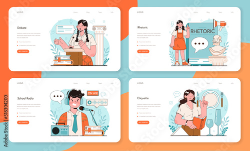 Rhetoric school class web banner or landing page set. Students training