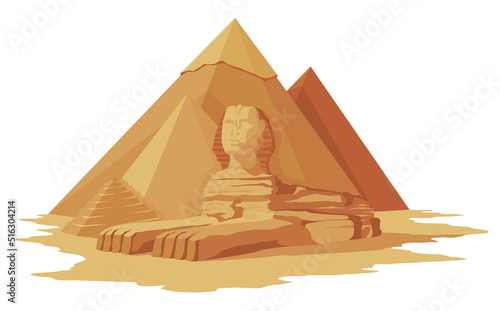 Egypt pyramids with sphinx scenery, symbol of ancient Egypt. Historic sight showplace attraction. Famous historical landmark place in Giza. Ancien architecture in sand dunes