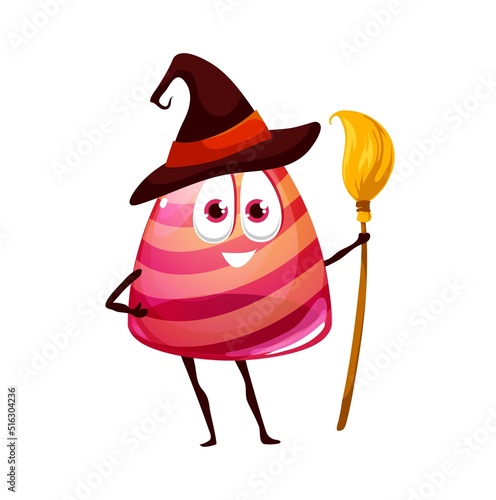 Cartoon Halloween candy witch with broom and hat. Striped caramel bonbon vector character, funny sweet dessert for kids trick or treat party. Isolated patisserie, enchantress personage with cute face