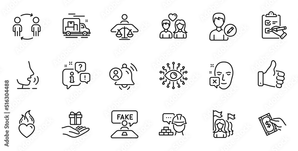 Outline set of Fake review, Edit person and Artificial intelligence line icons for web application. Talk, information, delivery truck outline icon. Vector Outline set of Fake review, Edit person and Artificial intelligence line icons for web application. Talk, information, delivery truck outline icon. Vector