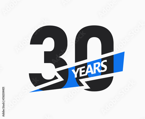 30 years of business, jubilee logo. 30th Anniversary sign. Modern graphic design for company birthday. Isolated vector illustration.