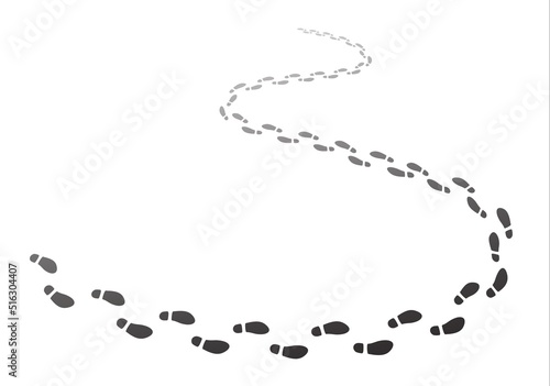 Walking footsteps trace, footprint trail of shoes of foot step prints, vector walk track. Human footsteps path background with black boots footpath or hiking shoeprint pattern on white