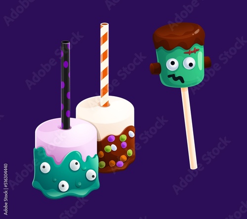 Halloween marshmallow vector design of horror holiday trick or treat party sweet food. Cartoon marshmallow or sugar candy in shape of zombie monster head on stick with chocolate and eyeball sprinkles