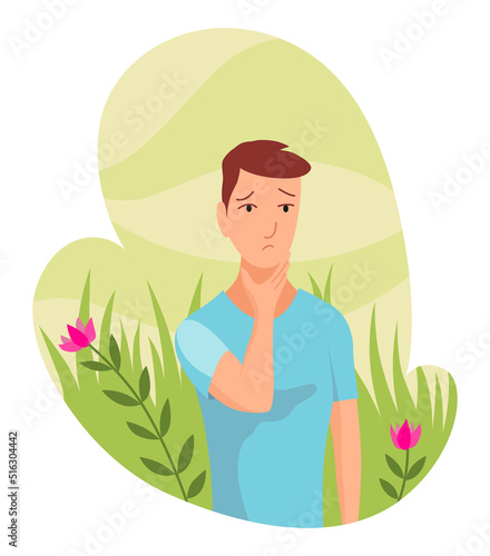 Allergic reactions concept. Symptoms of disease. Man with hypersensitivity and reaction of immune system on flower