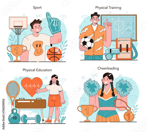 Physical education or school sport class concept set. Physical training
