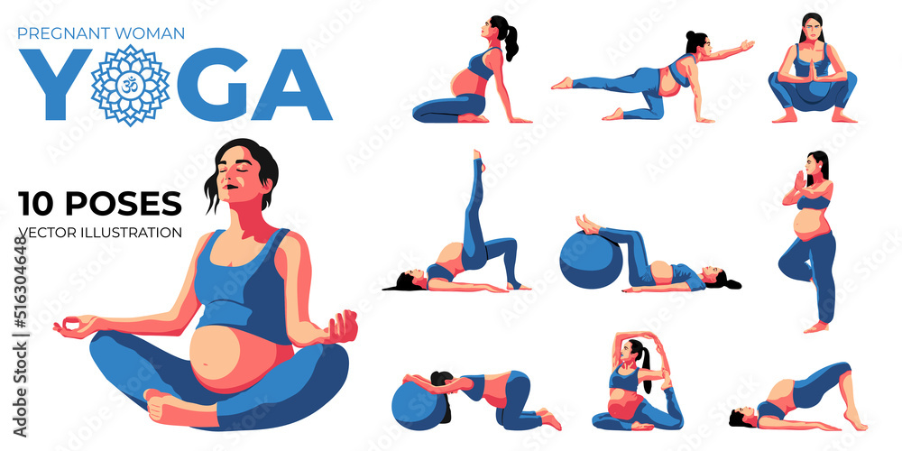 Set of happy pregnant girls in a sports suit doing yoga and exercises for health and relaxation. International Yoga Day. The pregnant woman performs aerobics exercises and morning meditation at home. Set of happy pregnant girls in a sports suit doing yoga and exercises for health and relaxation. International Yoga Day. The pregnant woman performs aerobics exercises and morning meditation at home.