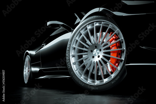 Black sports car, close up wheel brakes in studio light 3D