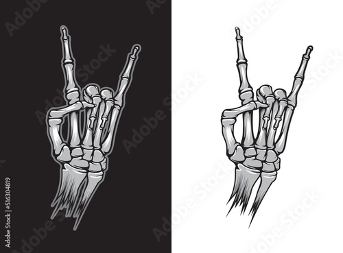 Hand bone tattoo, victory gesture of skeleton hand, vector peace sign. Hard rock finger bones in victory symbol, rockers or heavy metal skeleton death rising V sign for t-shirt print