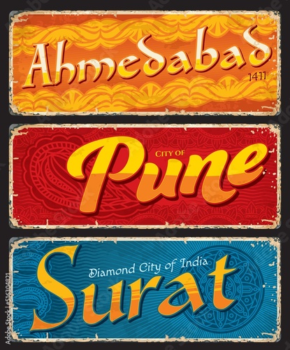 Ahmedabad  Pune  Surat  Indian city travel stickers and plates  vector vintage retro signs. India trip luggage labels or baggage tags and Indian vacations old posters or tin signs