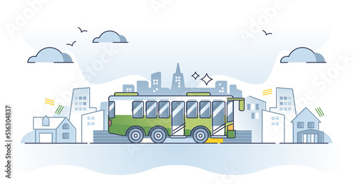 Public transportation type with bus vehicles for route ride outline concept. City infrastructure with roads, stations and automobile shuttle services vector illustration. Effective traffic management. photo