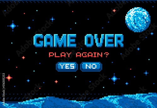 Fotobehang Pixel game over screen, space planet surface in starry galaxy, vector video arcade poster