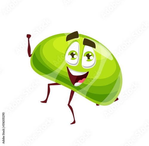 Cartoon green Halloween candy vector character, naughty smiling dragee, funny dessert for kids party. Trick or treat sweet patisserie personage with cute smile face, isolated cheerful holiday snack