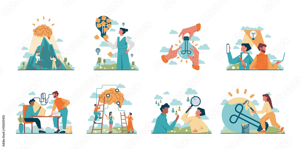 Brainstorm concept set. New idea generation in teamwork discussion Brainstorm concept set. New idea generation in teamwork discussion
