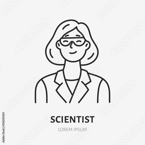 Scientist doodle line icon. Vector thin outline illustration of physicist in glass. Black color linear sign for professional woman specialist